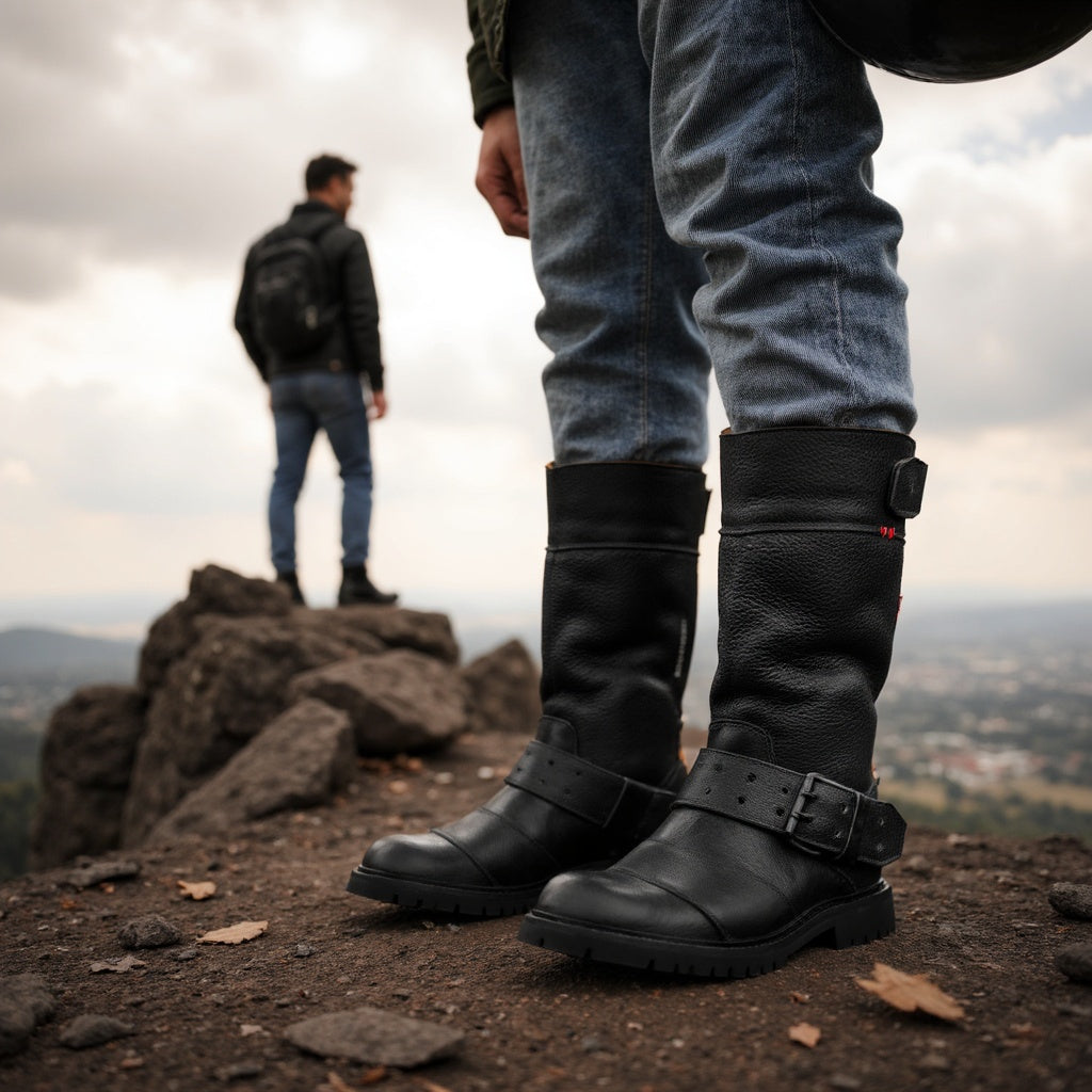 McGregor Black Leather Motorcycle Boots for Men - UMBERTO LUCE