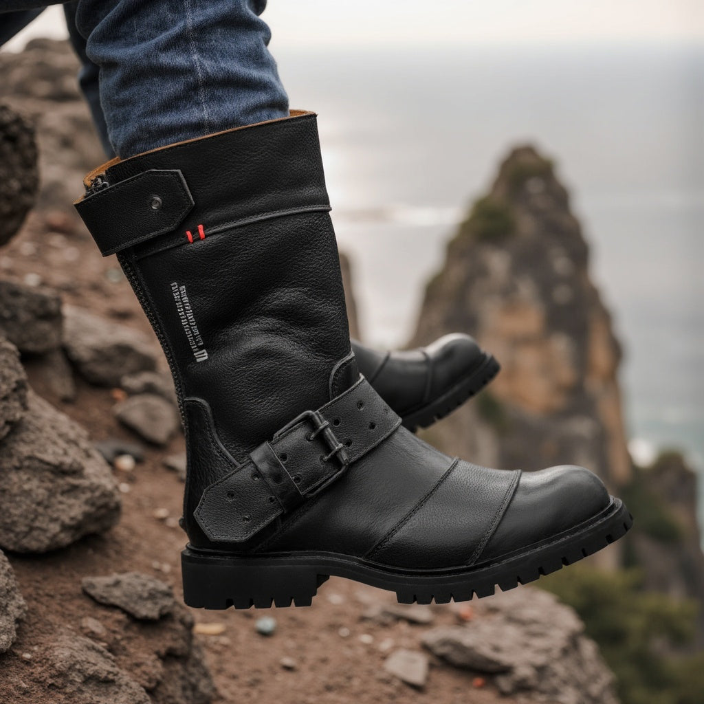 McGregor Black Leather Motorcycle Boots for Men - UMBERTO LUCE